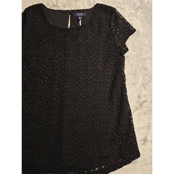 Kaari Blue Tunic Top Blouse Womens Medium Black Floral Lace Career Workwear - Picture 3 of 14